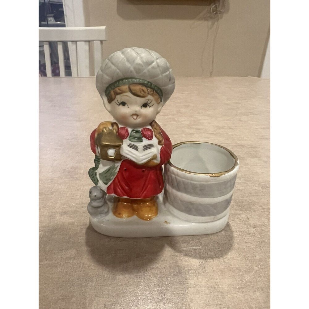 Vintage Little Luvkin Christmas Caroler Candle Holder Hand Painted 1976 EUC